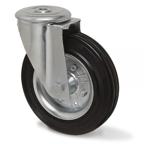 Swivel castor 80mm, wheel black rubber steel rim, roller bearing, hole fitting
