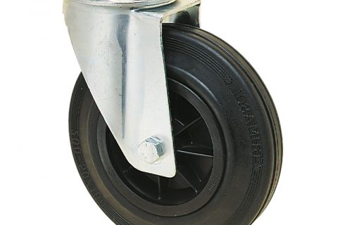 Zinc plated industrial swivel castor for trolleys.Black rubber with polyamide rim and roller bearing.Bolt hole fitting