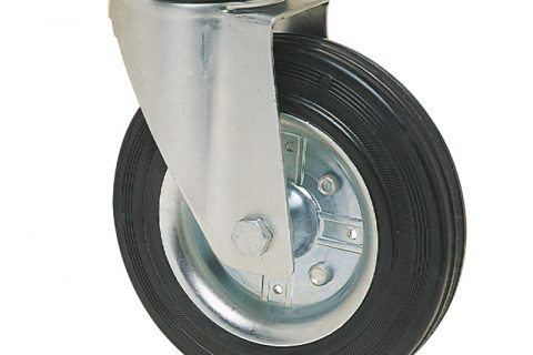 Zinc plated industrial swivel castor for trolleys.Black rubber with steel rim and roller bearing.Top plate fitting