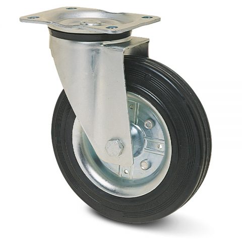 Zinc plated industrial swivel castor for trolleys.Black rubber with steel rim and roller bearing.Top plate fitting