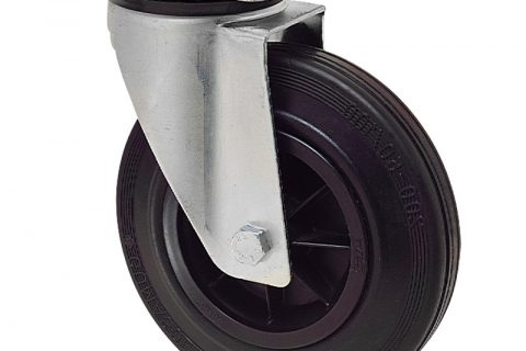 Zinc plated industrial swivel castor for trolleys.Black rubber with polyamide rim and Plain bearing.Top plate fitting