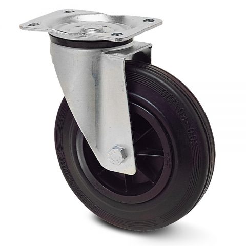 Zinc plated industrial swivel castor for trolleys.Black rubber with polyamide rim and roller bearing.Top plate fitting