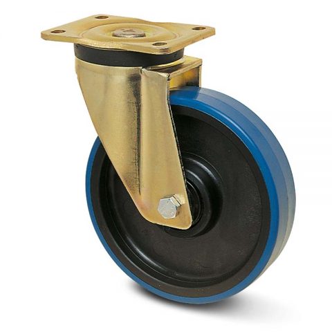 Zinc plated industrial swivel castor for trolleys.Polyurethane with Polyamide and Double ball bearings.Top plate fitting