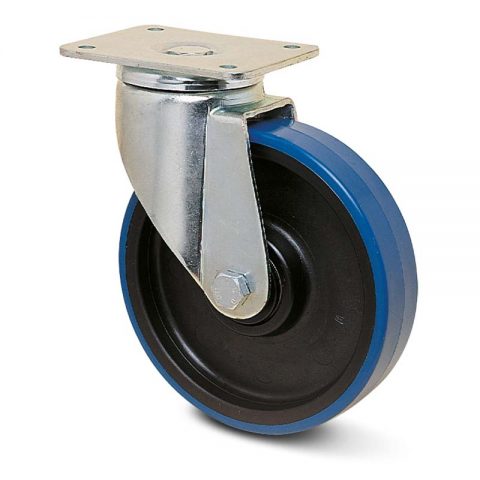 Zinc plated industrial swivel castor for trolleys.Polyurethane with Polyamide and Plain bearing.Top plate fitting