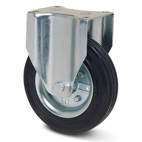 Zinc plated industrial fixed castor for trolleys.Black rubber with steel rim and roller bearing.Top plate fitting