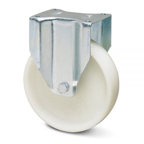 Zinc plated industrial fixed castor for trolleys.Polypropylene with  and roller bearing.Top plate fitting